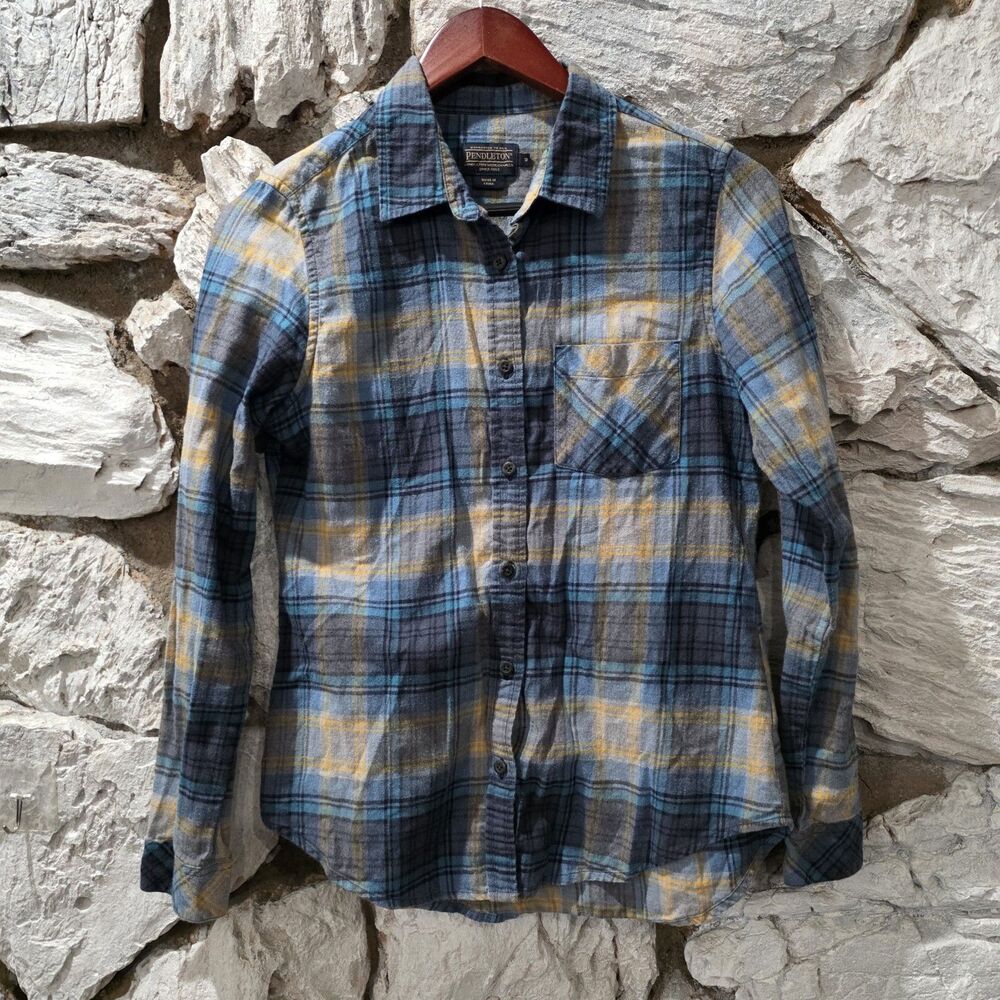 Pendleton Flannel Shirt Women's Blue Plaid S Cotton Long Sleeve Button Up